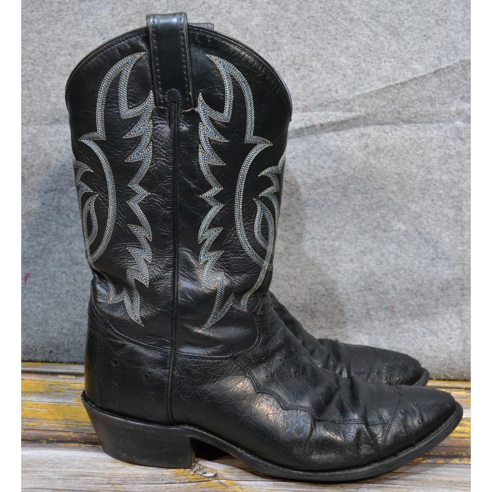 VTG Tony Lama Boots Mens 12 D Black Ostrich Leather Western Cowboy USA Stitch